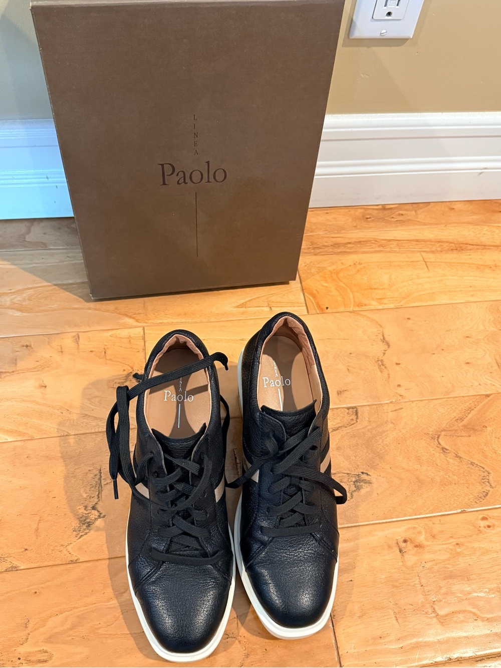 Paolo Black Leather Lace-Up Heeled Sneakers with White Sole
